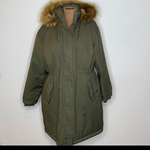 Universal Thread Army Green Parka Fur Trim Hood Long Line Size XXL
